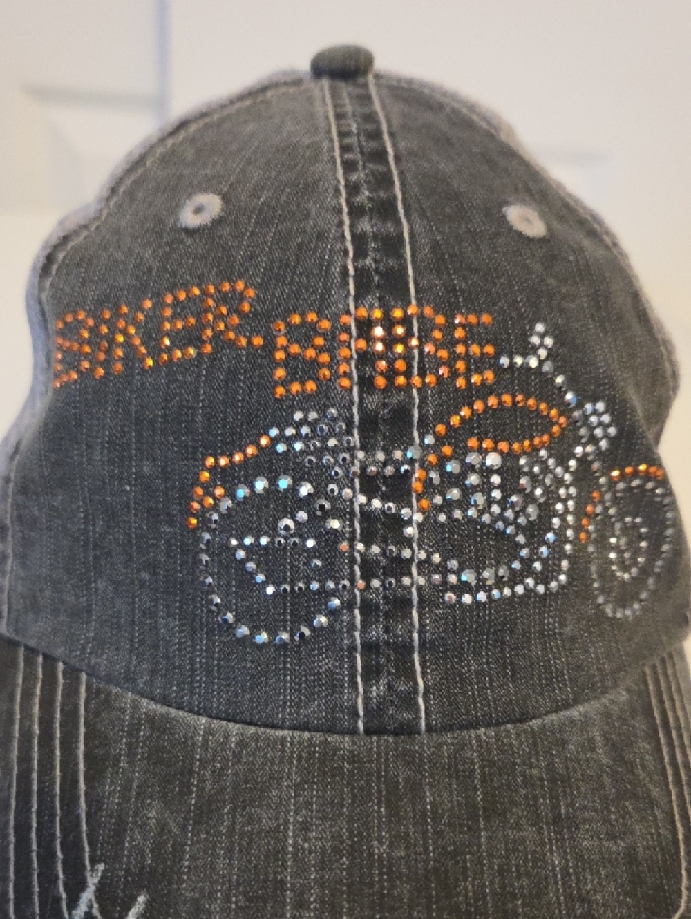 Womens Black Distressed Rhinestone Motorcycle Baseball Cap - Picture 2 of 5
